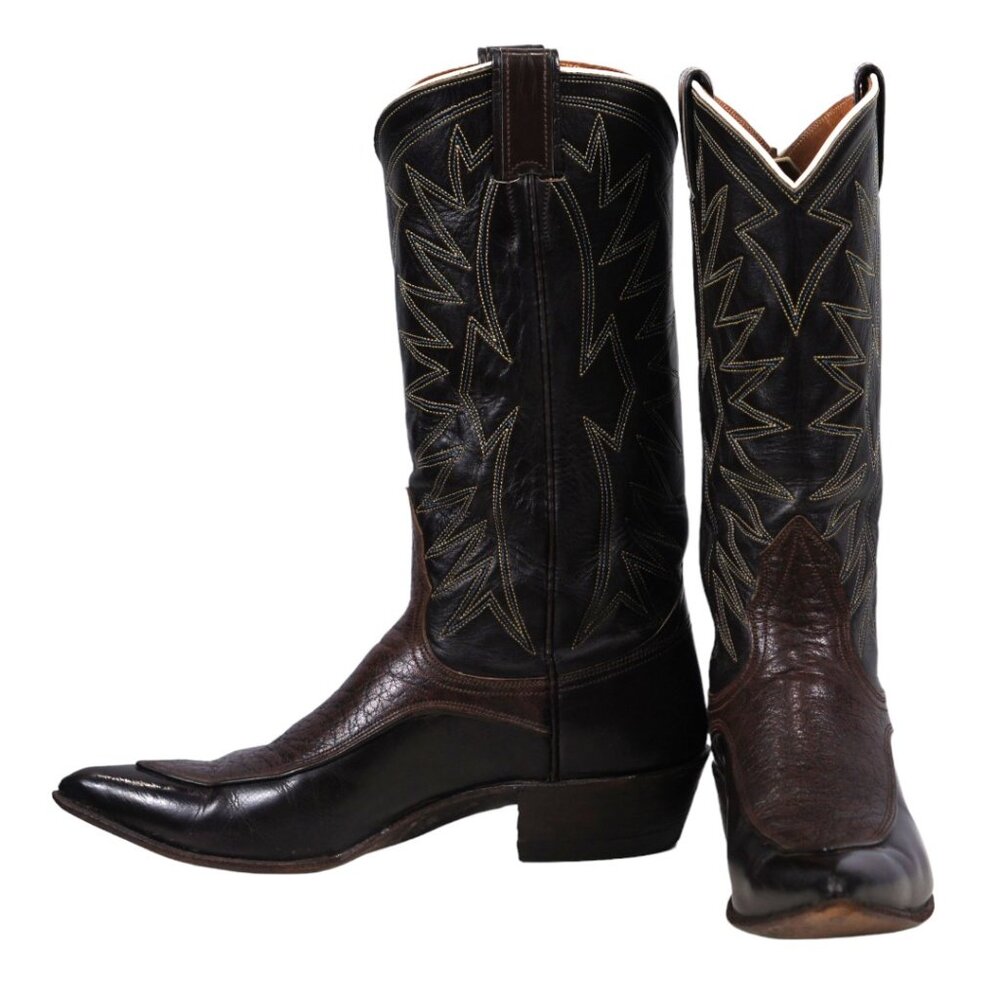 Nocona Dark Brown Cowboy Boots Blue Stitching Crosses Vintage US Made Womens 7 M